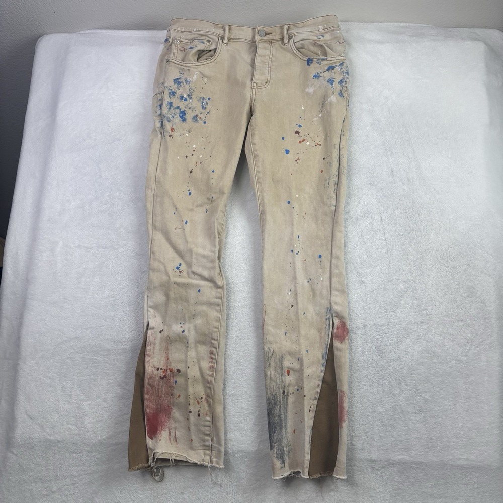 Purple Jeans P001 Pain Splatter Sandstone Beige Jeans Men's W 35" x 32" Inseam